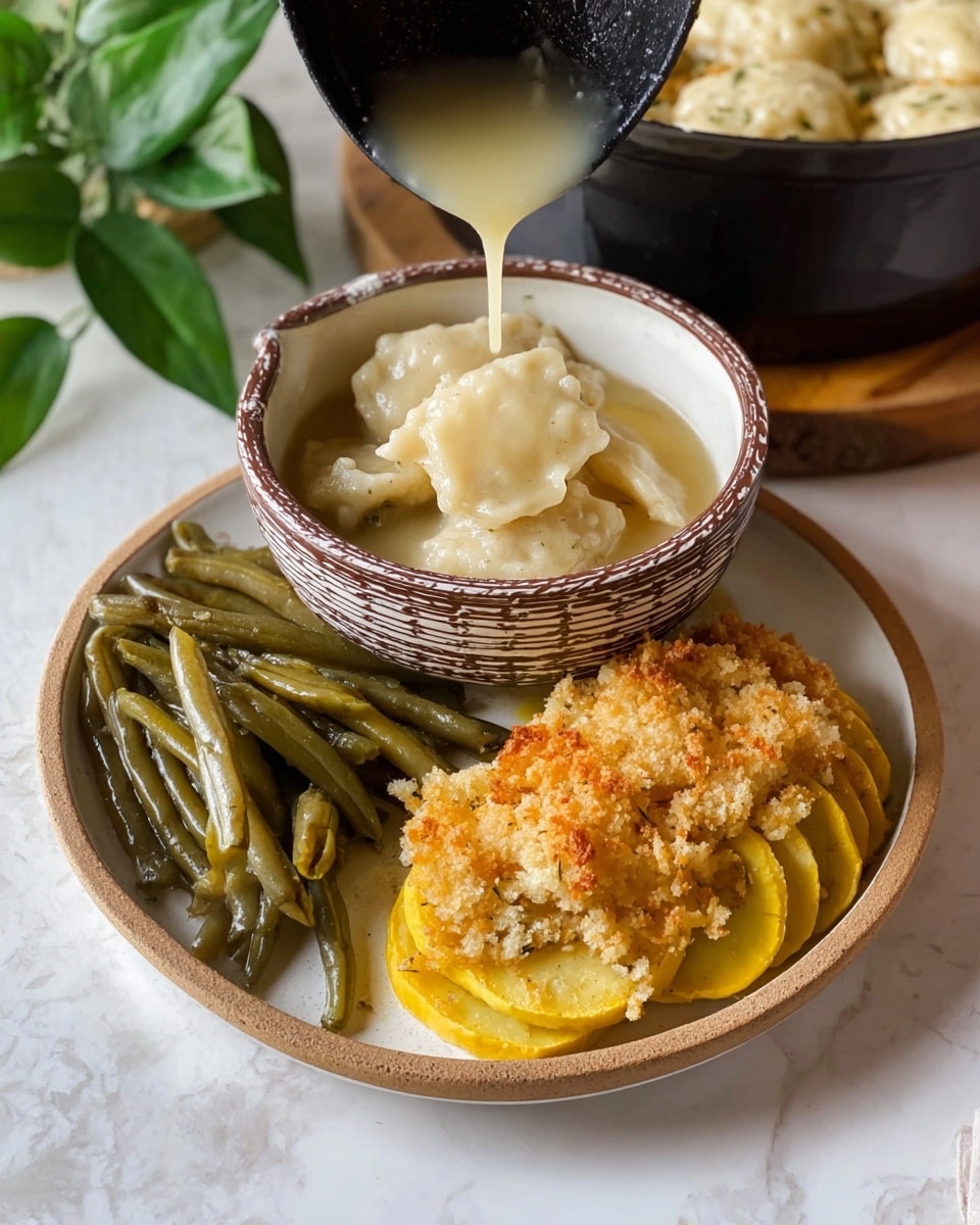 A white plate with three sections of food is shown on a white marbled surface. On the right side, there is a portion of baked yellow squash covered with a golden-brown crispy breadcrumb topping, showing layers of sliced squash beneath. On the left side, there are cooked green beans that are soft with a slight gloss. In the center of the plate, a round bowl with a brown and white outer pattern holds thick square dumplings in a light creamy broth being poured from a black ladle. A pot with more dumplings in broth is in the background along with some green leaves on the left side. Photo taken with an iphone --ar 4:5 --v 7
