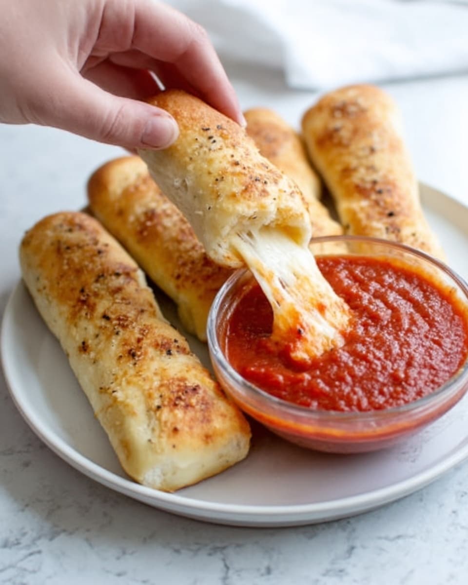 The image shows a white plate with four golden-brown breadsticks stacked on each other. One breadstick is being pulled apart by a woman's hand, stretching gooey, melted white cheese that looks soft and stringy. The breadsticks have a slightly crispy texture and are sprinkled with bits of red seasoning or small pepper pieces on top. Next to the breadsticks is a small white bowl filled with thick, red tomato sauce for dipping. The plate is set on a white marbled surface with a brown wooden board and scattered coarse salt in the background. The scene looks warm and inviting, rich in warm colors and textures. photo taken with an iphone --ar 4:5 --v 7