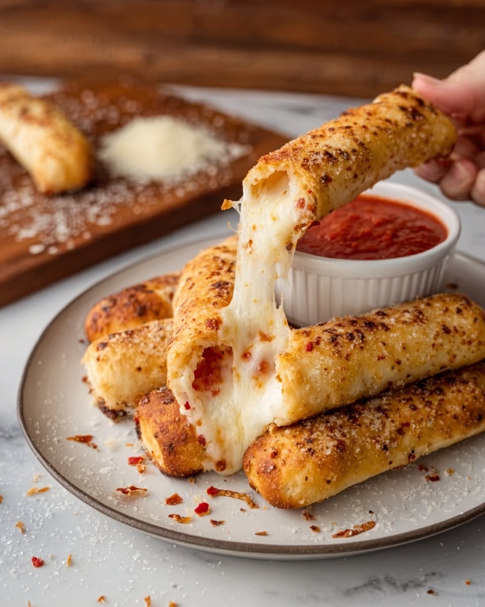 The image shows a white plate with three golden brown breadsticks arranged side by side. Next to the breadsticks is a clear glass bowl filled with thick, red marinara sauce. A woman's hand is pulling apart one of the breadsticks, revealing a melted, stringy cheese layer inside, with a bit of the marinara sauce peeking out. The breadsticks have a soft, slightly crispy texture with some specks of seasoning on top. The background features a white marbled texture. photo taken with an iphone --ar 4:5 --v 7