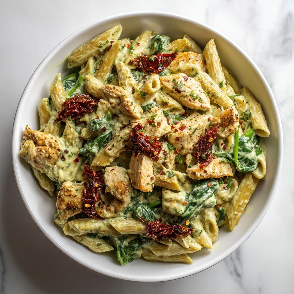 A white bowl holds a creamy pasta dish with three main layers: the first layer is al dente penne pasta coated in a pale green pesto cream sauce, evenly mixed throughout; the second layer includes medium-sized pieces of golden-brown cooked chicken scattered across, with fresh, bright green spinach leaves tucked between the pasta pieces; the third layer adds small pieces of dark red sun-dried tomatoes evenly spread on top, with a light sprinkle of herbs and chili flakes visibly scattered over everything. The bowl is placed on a white marbled surface. photo taken with an iphone --ar 4:5 --v 7
