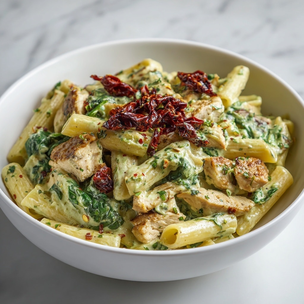 A white bowl filled with creamy pasta salad showing three main layers: the first layer is pale yellow penne pasta coated in a light creamy sauce with visible green herbs, the second layer has bright green fresh spinach leaves scattered evenly throughout, and the third layer displays several pieces of grilled chicken breast with a golden brown sear on top, seasoned with herbs and black pepper, plus some small pieces of dark red sun-dried tomatoes nestled between the pasta and chicken. The creamy sauce gives a slightly glossy texture that makes the dish look rich and fresh. Photo taken with an iphone --ar 4:5 --v 7