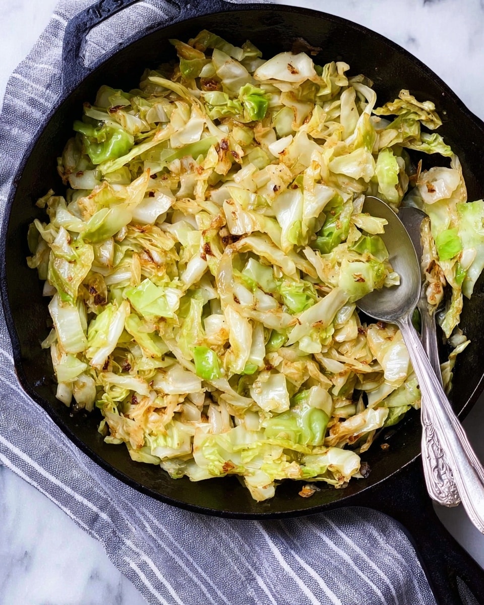 The image shows a black cast iron skillet filled with sautéed cabbage. The cabbage is cooked until soft with some pieces slightly brown and crispy, showing a mix of light green and golden brown colors. The leaves are roughly chopped into bite-sized pieces with a slightly glossy texture from cooking oil. Two silver spoons rest on the right side of the skillet, partially buried in the cabbage. The skillet is placed on a gray-striped cloth on a white marbled surface. Photo taken with an iphone --ar 4:5 --v 7