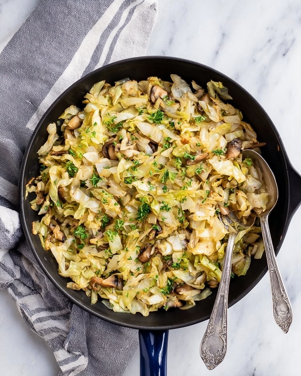 A black skillet filled with cooked cabbage that is lightly browned and mixed with small pieces of mushrooms, creating a warm mix of greenish-yellow and light brown colors. The cabbage has some fresh green herb leaves on top, adding a touch of bright green. Two silver spoons rest inside the skillet on the right side. The skillet handle is navy blue and the skillet sits on a white marbled surface with a gray and white striped cloth nearby. Photo taken with an iphone --ar 4:5 --v 7