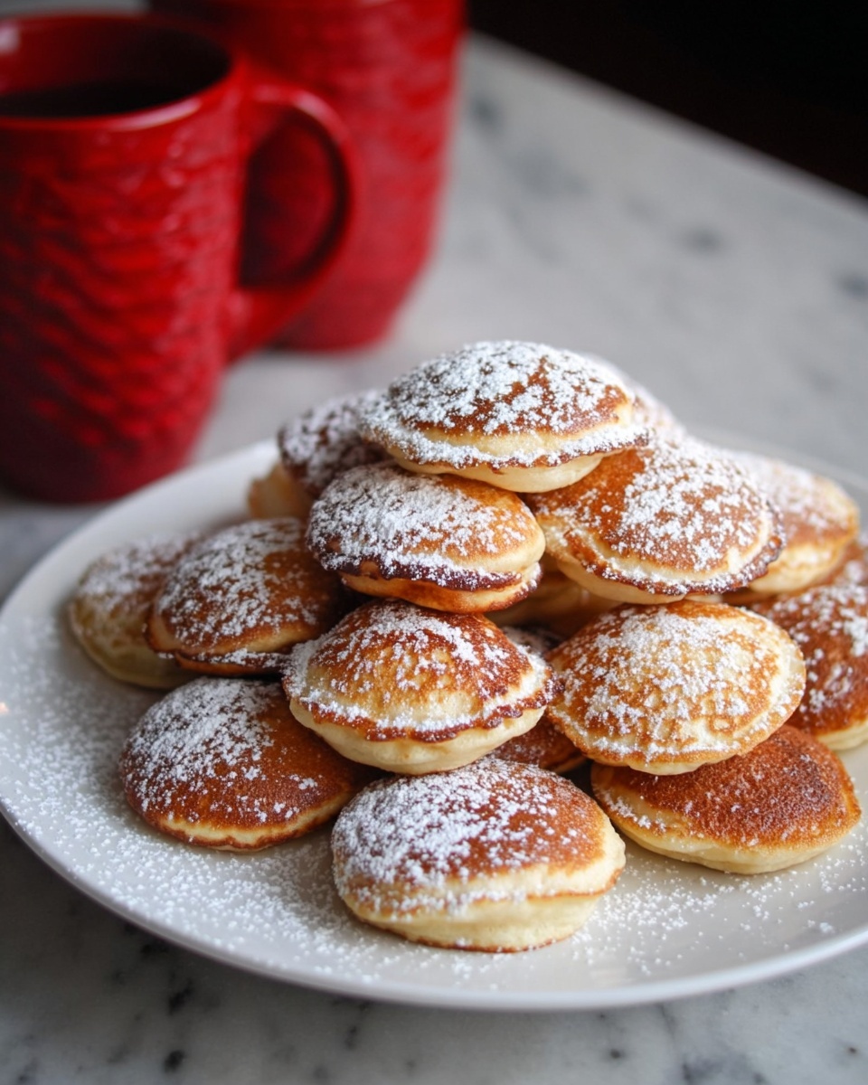 A pile of small, round, golden-brown poffertjes stacked on a white plate, dusted with white powdered sugar that adds a light, snowy texture on top of each piece. The poffertjes have a soft, slightly crispy surface, showing an uneven golden color with some darker spots. In the background, slightly out of focus, is a red mug filled with a light-colored drink, both placed on a white marbled surface. photo taken with an iphone --ar 4:5 --v 7