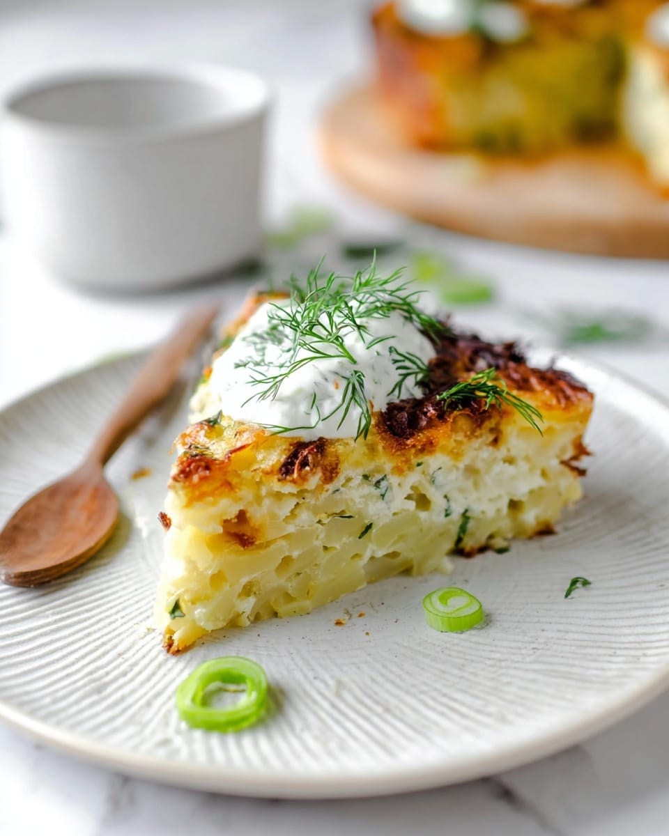A single slice of golden brown baked casserole sits on a white plate with a subtle textured pattern; the casserole has about three layers: a bottom layer of soft, pale yellow potato or pasta pieces, a middle creamy layer mixed with green herbs, and a slightly crispy, browned top layer. On top of the slice is a dollop of white creamy sauce with green herb flecks, garnished with fresh green dill sprigs. A small green onion ring lies beside the slice. A wooden spoon rests near the plate's edge, and a blurred background shows another slice and a white cup on a white marbled surface. Photo taken with an iphone --ar 4:5 --v 7
