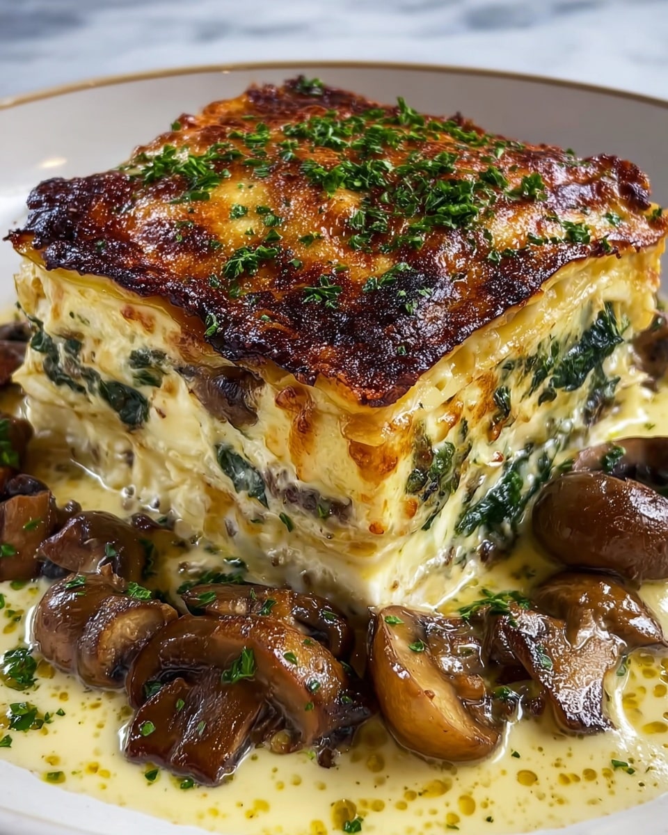 A square slice of lasagna with four visible layers of creamy pasta sheets and spinach mixed with mushrooms, all covered by a dark golden-brown, bubbly cheese crust sprinkled with chopped parsley on top. The lasagna rests on a white plate with a white marbled texture background, surrounded by sautéed brown mushrooms sitting in a creamy, slightly oily sauce that pools around the base. The textures range from the smooth, creamy interior to the crispy, browned top layer, giving a rich and hearty look. photo taken with an iphone --ar 4:5 --v 7