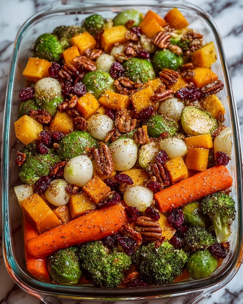 A glass baking dish filled with a colorful mix of roasted vegetables including bright orange carrot sticks cut into chunky pieces, green broccoli florets, halved Brussels sprouts showing a light char on the top layers, yellow cubed squash, and small whole pearl onions with a golden roasted texture. Scattered throughout are shiny, brown pecan halves and dark red dried cranberries, all lightly coated in a seasoning mix giving a slight shimmer and speckled appearance across the vegetables. The dish sits on a white marbled surface. photo taken with an iphone --ar 4:5 --v 7