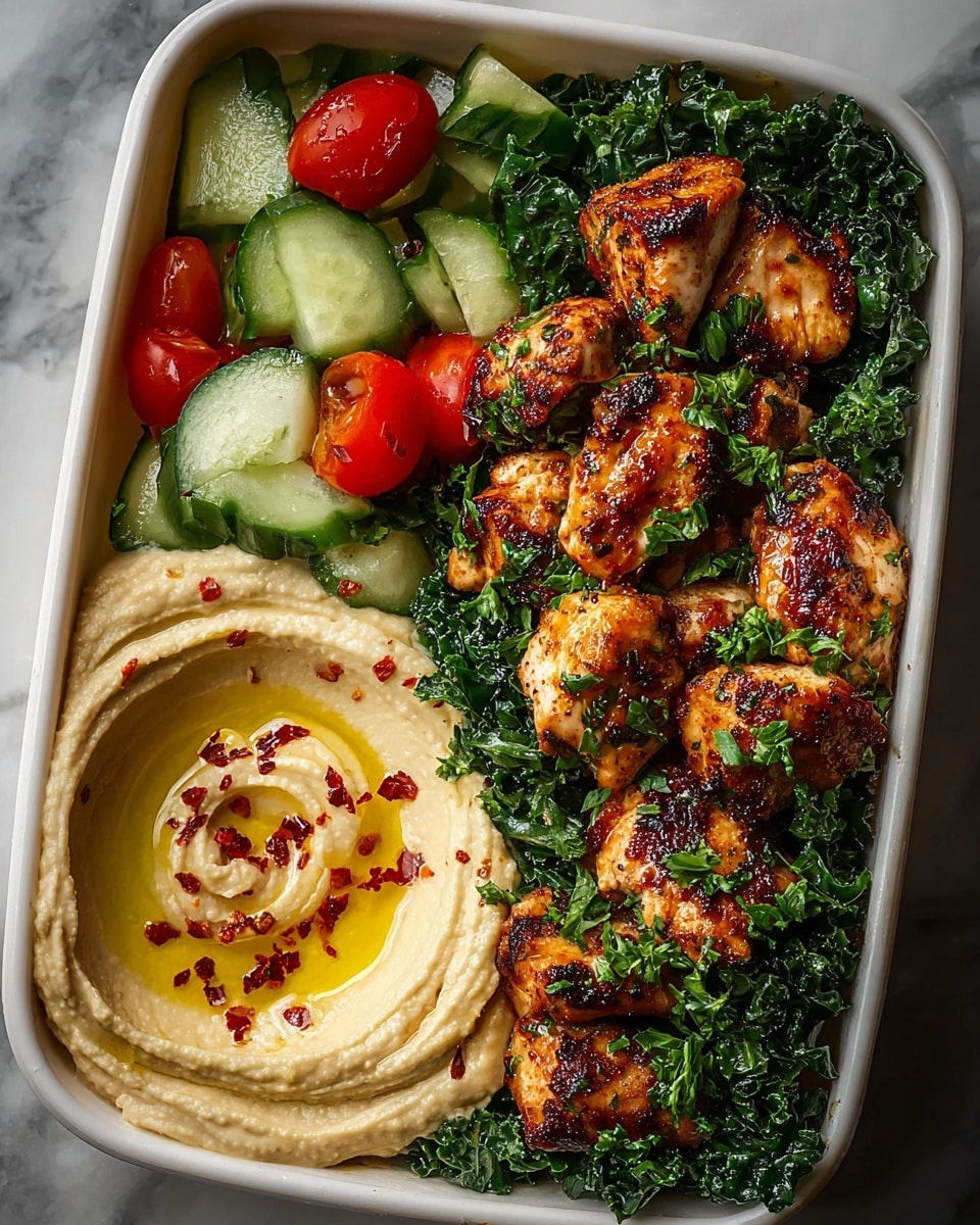 The dish is served in a white rectangular bowl with three main sections: the bottom left contains a smooth, creamy beige hummus topped with a swirl of golden olive oil and sprinkled with red chili flakes; the top left has a fresh salad made of dark green kale, bright red halved cherry tomatoes, and chunky light green cucumber slices mixed with herbs; the right section is filled with grilled, golden-brown chicken pieces, slightly charred and garnished with chopped green parsley, resting on a bed of kale. The bowl is placed on a white marbled surface. photo taken with an iphone --ar 4:5 --v 7