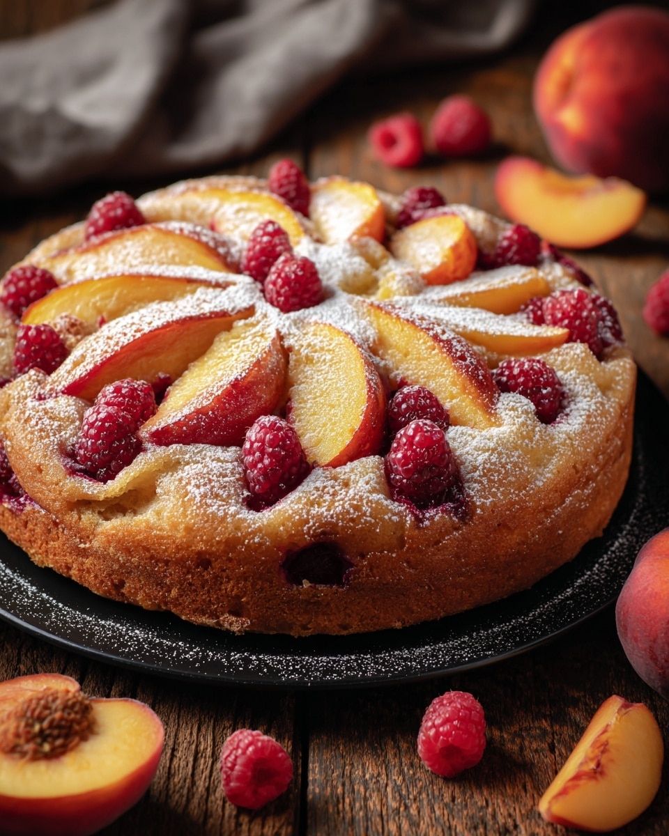 A round cake with a golden brown crust, topped with peach slices and whole raspberries arranged in concentric circles, dusted lightly with white powdered sugar. The cake sits on a white plate, which rests on a white marbled textured surface. Fresh raspberries and peaches are placed around the plate, adding a natural, fresh look to the scene. The texture of the cake looks soft and moist, with the fruit pieces slightly sunken into the top layer. Photo taken with an iphone --ar 4:5 --v 7
