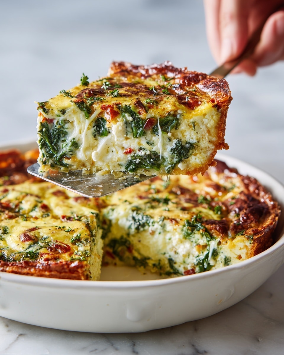A slice of savory baked dish is held by a woman's hand using a flat metal spatula. The dish is in a white ceramic pie dish, sitting on a white marbled surface. The slice shows multiple layers: a crispy golden-brown crust on the bottom edge, a thick middle layer filled with green leafy spinach pieces mixed with small bits of red bell pepper and melted yellow cheese, topped with a lightly browned, creamy egg mixture with visible herb flecks. The texture looks soft and moist inside with a slightly crunchy outer edge. Photo taken with an iphone --ar 4:5 --v 7