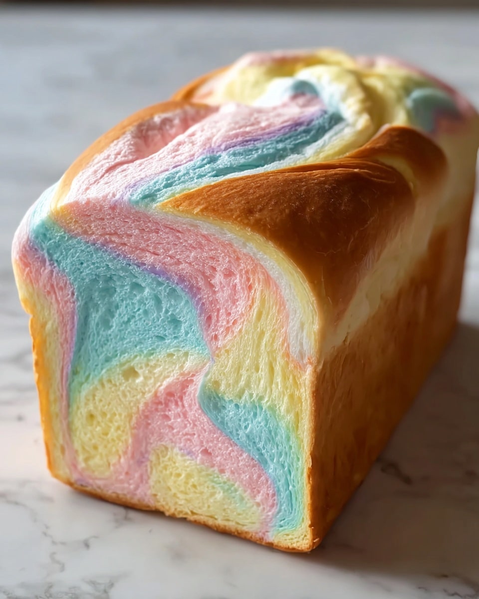 A close-up of a soft, fluffy slice of bread with three main layers swirled together in pastel colors: light blue on top, pink in the middle, and pale yellow at the bottom. The texture looks airy and spongy, with the crust showing a light golden-brown color around the edges. The swirls blend smoothly inside the bread, creating a rainbow-like effect. The slice is placed on a white marbled surface, making the colors stand out clearly. photo taken with an iphone --ar 4:5 --v 7