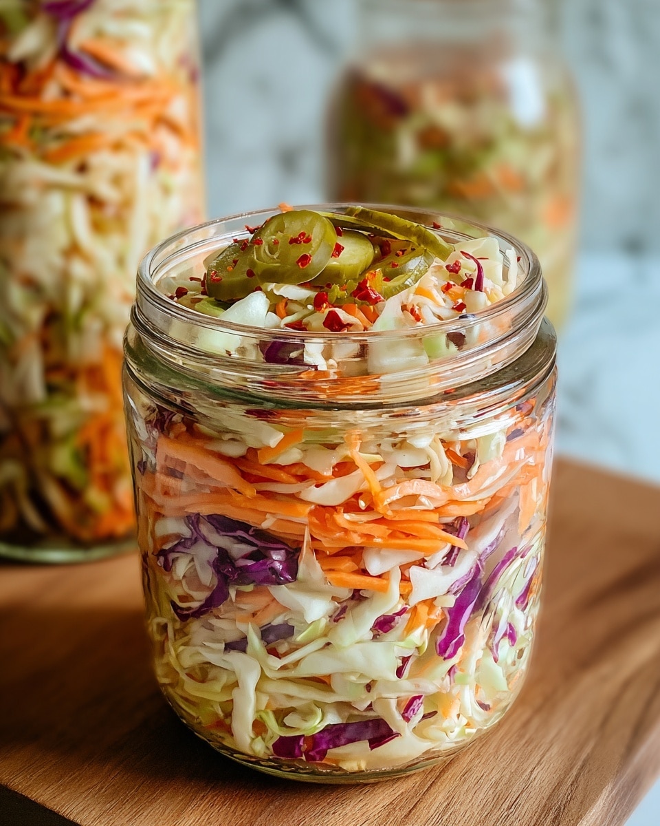 A clear glass jar is filled with a layered mix of shredded vegetables including white cabbage, thin orange carrot strips, and purple cabbage pieces, topped with a slice of green pickle sprinkled with black pepper and red chili flakes. The vegetables look crisp and fresh, showing a mix of soft and crunchy textures with some small seeds visible on top. The jar is placed on a wooden surface with a blurred background featuring another similar jar, all set against a white marbled background. photo taken with an iphone --ar 4:5 --v 7
