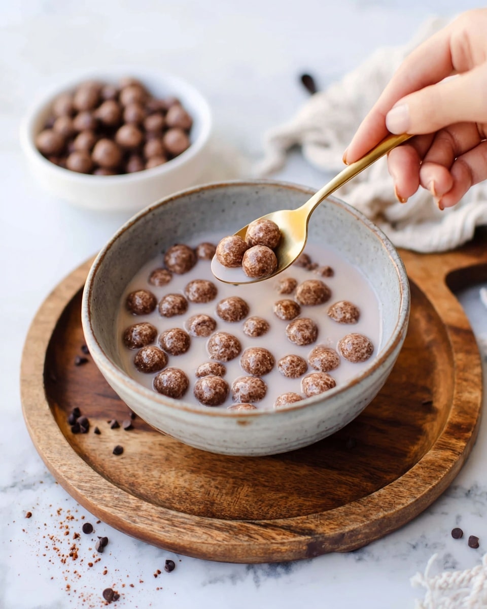 A close-up shot of a gray ceramic bowl filled with light brown milk and round chocolate cereal balls floating on top, with a woman's hand holding a shiny gold spoon scooping some cereal near the right side of the bowl. The bowl is placed on a rustic wooden board, and a small white bowl with more chocolate cereal balls is seen blurred in the background, all set on a white marbled surface. photo taken with an iphone --ar 4:5 --v 7