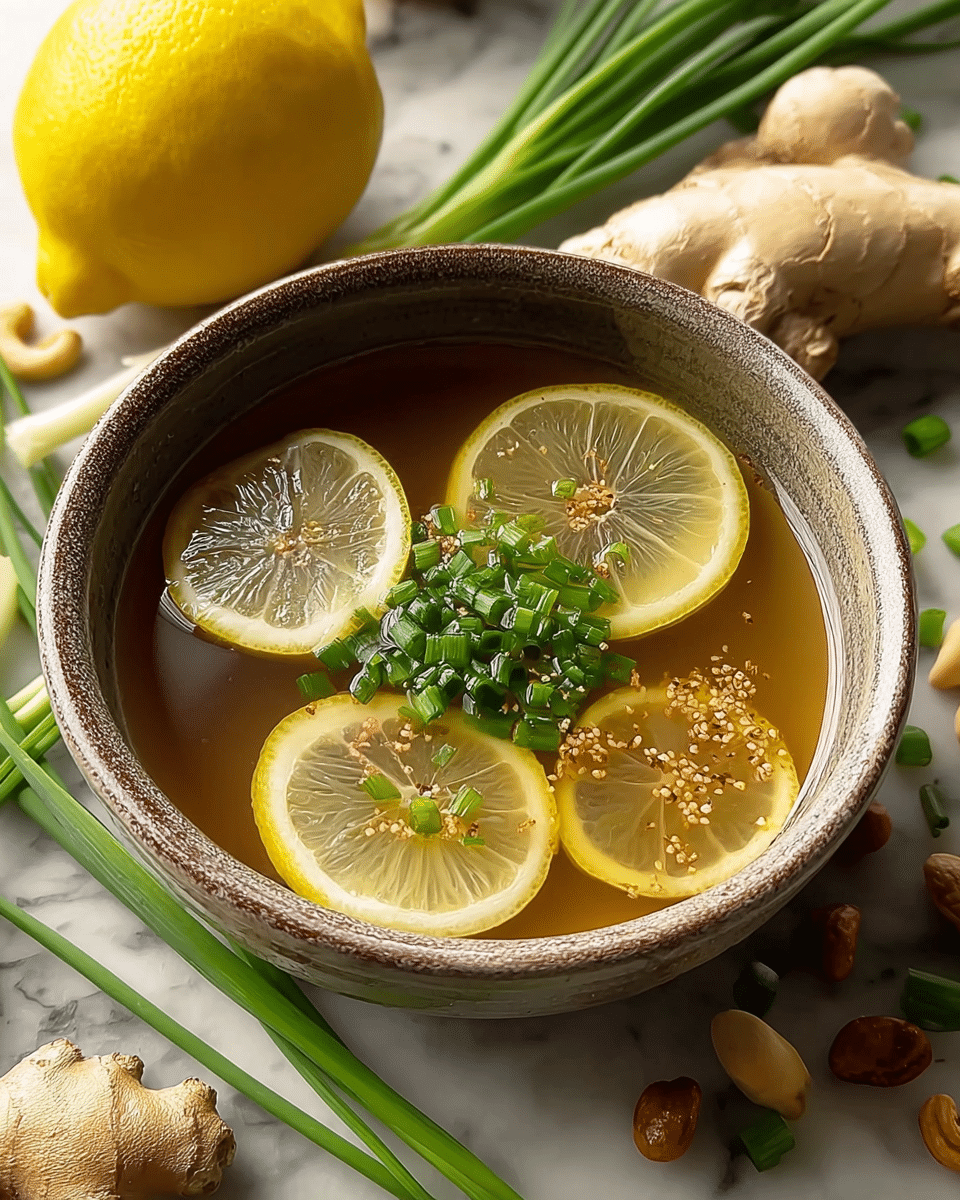 A rustic bowl holds a clear, light brown broth with three thin, round lemon slices floating on the surface, each showing fine seeds and a pale yellow color. On top of the lemon slices is a small pile of chopped bright green chives, adding a fresh pop of color. The bowl sits on a white marbled surface surrounded by fresh ginger root with a tan, bumpy texture, a bunch of long green chives, a whole yellow lemon and a lemon half showing juicy segments, and some scattered cashew nuts and green onion tips, creating a natural and fresh setting. Photo taken with an iphone --ar 4:5 --v 7