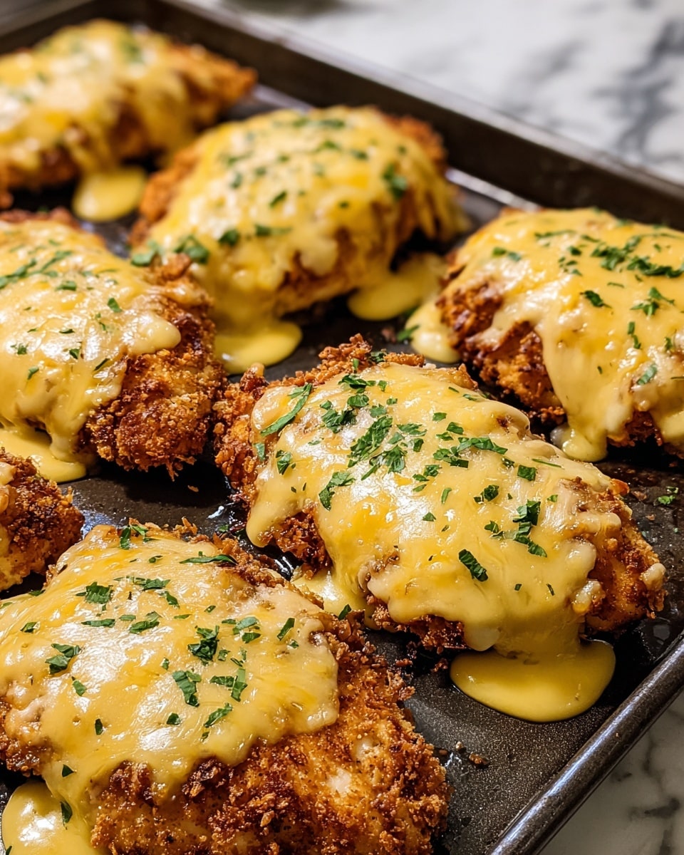 The image shows a baking tray filled with several pieces of crispy fried chicken, each topped with a thick, melted layer of creamy yellow cheese that has slight golden brown spots from baking. The cheese is smooth and glossy, slightly dripping over the edges of the crunchy, golden-brown chicken crust, which has a rough, crumbly texture. Small green herb flakes are sprinkled on top of the cheese for garnish. The tray is placed on a white marbled surface that contrasts with the rich colors of the chicken and cheese. photo taken with an iphone --ar 4:5 --v 7