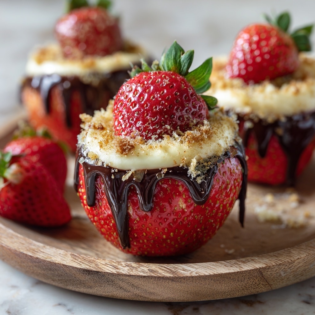 The image shows a close-up of a small dessert made with a large, bright red strawberry base cut open at the top to create a bowl shape. Inside the strawberry is a creamy, light beige filling that almost fills the cavity. On top of the cream is a shiny layer of dark chocolate sauce dripping slightly down the sides of the cream and strawberry. Three smaller, fresh strawberries sit on top of the chocolate layer. The dessert is finished with a sprinkling of light brown crumbly topping over the small strawberries. This setup is placed on a round wooden tray with more identical strawberry desserts blurred in the background on a white marbled textured surface. photo taken with an iphone --ar 4:5 --v 7