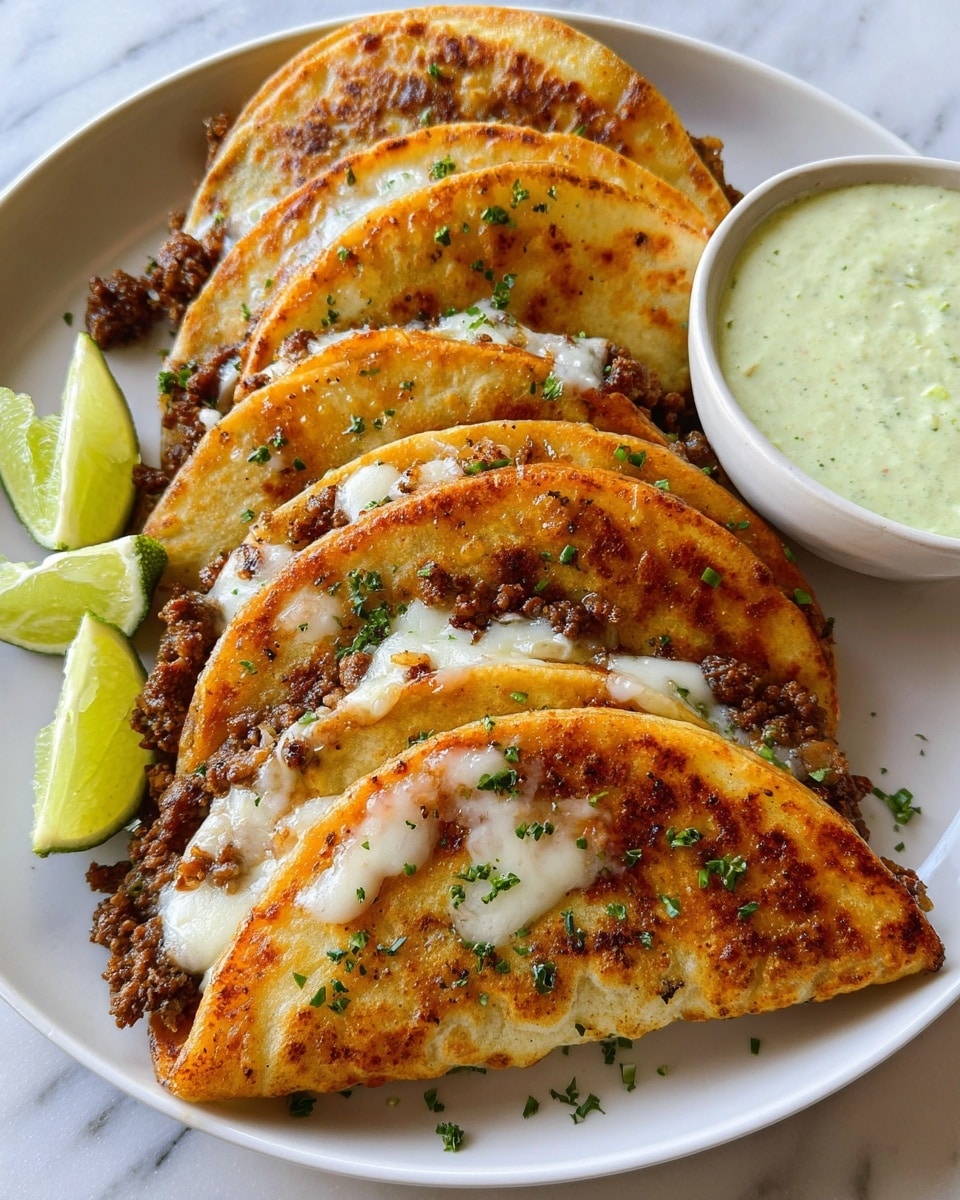 Four golden brown folded quesadillas are arranged in a row on a white plate, each filled with browned ground meat and melted cheese that slightly oozes out, sprinkled with small green herb pieces on top. On the side of the plate, three lime wedges are placed next to a small white bowl filled with a thick, creamy, light green sauce with visible herb flecks. The plate rests on a white marbled textured surface. photo taken with an iphone --ar 4:5 --v 7