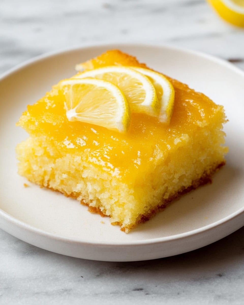 A single square piece of bright yellow lemon cake sits on a white plate, showing two distinct layers: a dense, moist bottom layer with a crumbly texture, and a glossy, slightly rough top layer that looks like lemon glaze. Two thin lemon slices rest on top of the cake, adding a fresh, natural touch. The plate is placed on a white marbled texture surface. Photo taken with an iphone --ar 4:5 --v 7