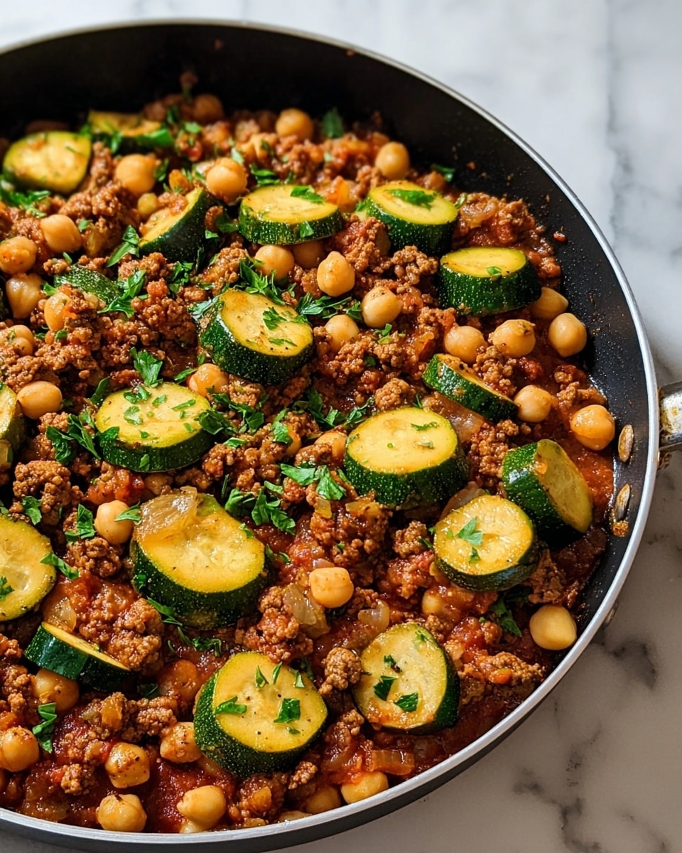 A close-up of a cooked dish in a black pan shows a mix of four layers: the first layer has golden brown ground meat with a slightly crumbly texture, the second layer contains round light beige chickpeas, the third layer features thick-cut pieces of green zucchini with white centers, and the fourth layer is made of small bits of orange tomato sauce spread throughout. The dish is topped with small green chopped parsley and sprinkled with tiny white cheese bits. The pan is placed on a white marbled surface. photo taken with an iphone --ar 4:5 --v 7