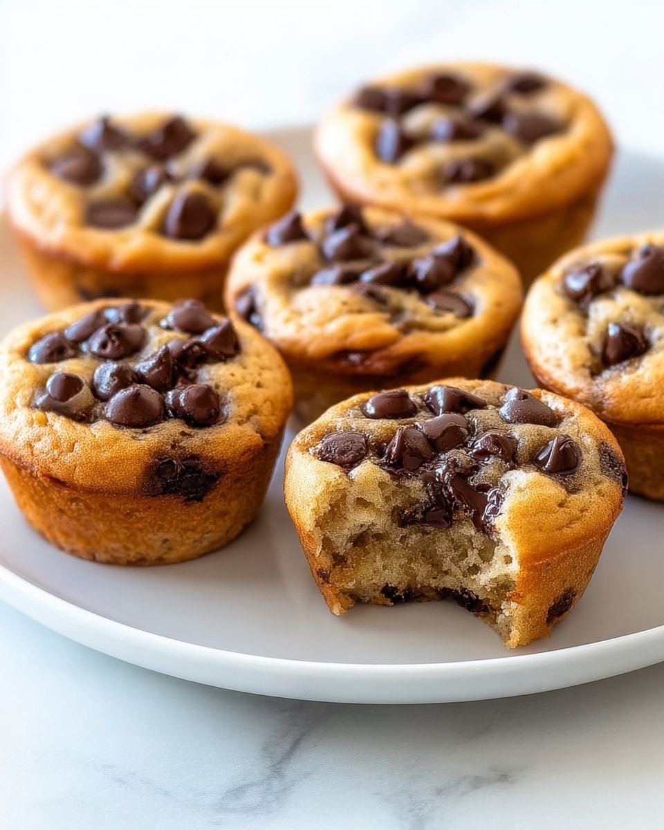 The image shows five chocolate chip muffins on a white round plate placed on a white marbled surface. Each muffin has a golden-brown top with melted dark chocolate chips scattered on top, creating small glossy dark spots. One muffin is in the front center with a bite taken out of it, revealing a soft, moist light brown inside full of melted dark chocolate chips. The muffins have a slightly rough and wrinkled texture on top with smooth sides that show a darker browned edge. The overall look is warm, soft, and inviting. photo taken with an iphone --ar 4:5 --v 7