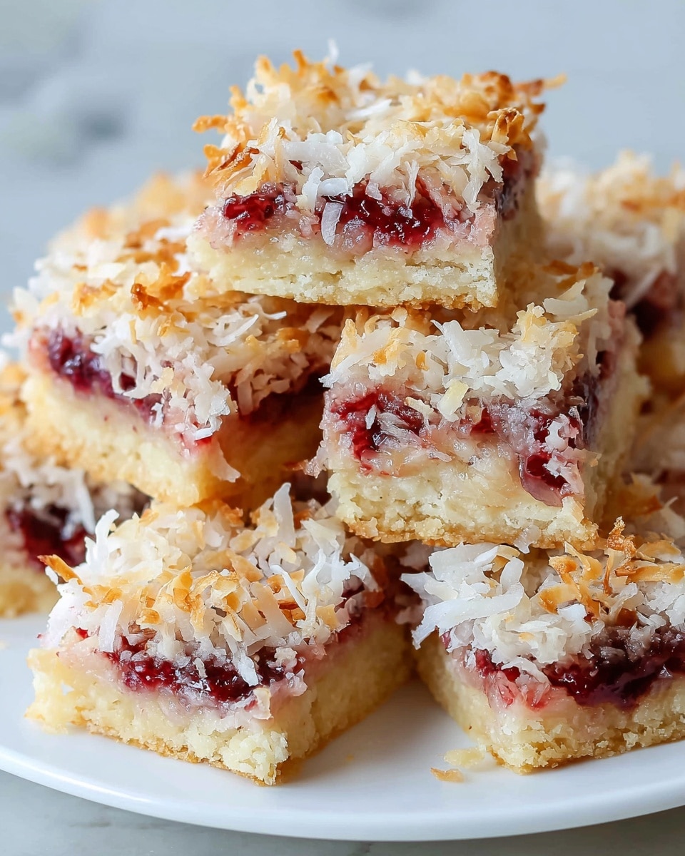 The image shows a stack of coconut-topped dessert bars on a white plate, placed on a white marbled surface. Each bar has three visible layers: the base is a light golden, soft-looking cookie-like crust; the middle layer is a deep red, jam-like fruit filling that slightly seeps into the bottom layer; the top layer is a thick, uneven layer of toasted shredded coconut, golden brown in some spots and white in others, giving it a crunchy texture. The bars are cut into neat rectangles and stacked in a slightly uneven pile, emphasizing the textures and colors of each layer. Photo taken with an iphone --ar 4:5 --v 7
