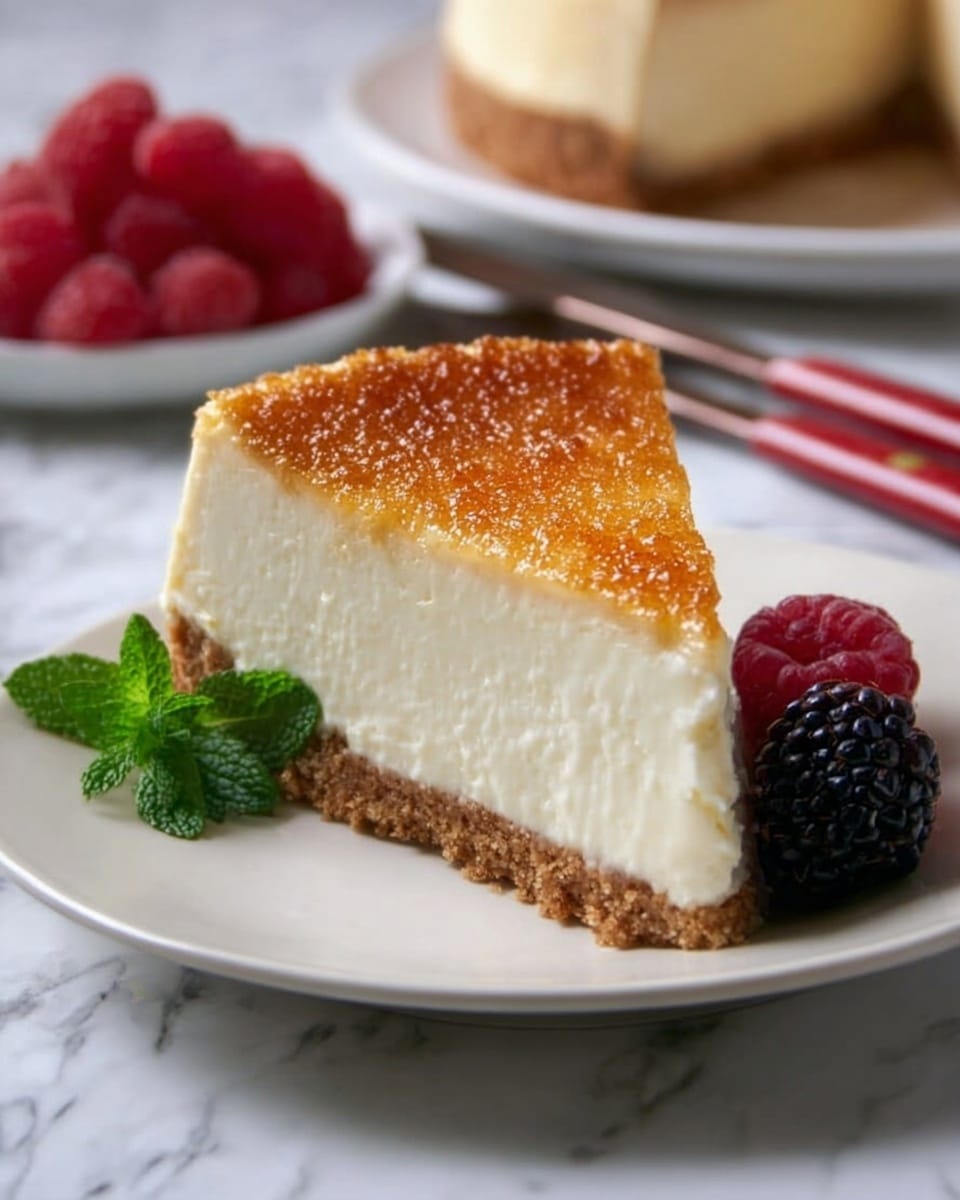 The image shows a slice of cheesecake on a white scalloped-edged plate, set on a white marbled surface. The cheesecake has three distinct layers: a thin, golden-brown crust at the bottom that looks slightly crumbly, a thick and creamy off-white middle layer with a smooth texture, and a shiny, light caramel-colored top layer. On top of the cheesecake are fresh berries—a blackberry and two raspberries—along with a small green mint leaf, adding bright red, black, and green colors. The slice is positioned slightly facing left, with soft natural light highlighting its smooth and creamy texture. Photo taken with an iphone --ar 4:5 --v 7
