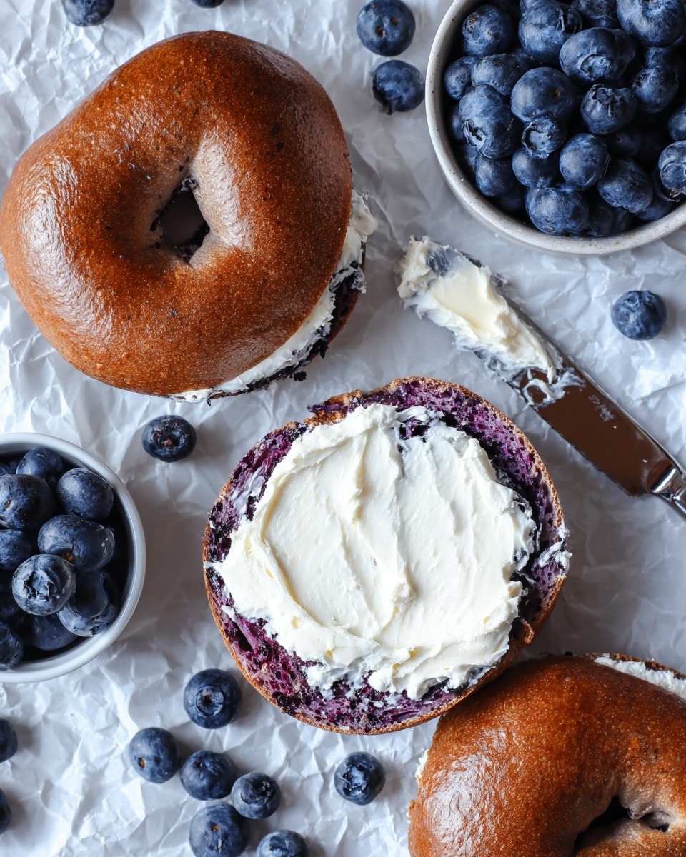 A close-up image shows a blueberry bagel that is cut in half with a thick, even layer of creamy white cream cheese spread on each half. The bagel has a deep golden brown crust and a purple-tinted interior from blueberries baked inside. Around the bagel are scattered fresh round blueberries, which are dark blue with a matte finish. To the side, a small white bowl is filled with whole blueberries. A silver knife with some cream cheese on it lies near the bagel halves, all placed on crumpled white parchment paper over a white marbled surface. photo taken with an iphone --ar 4:5 --v 7