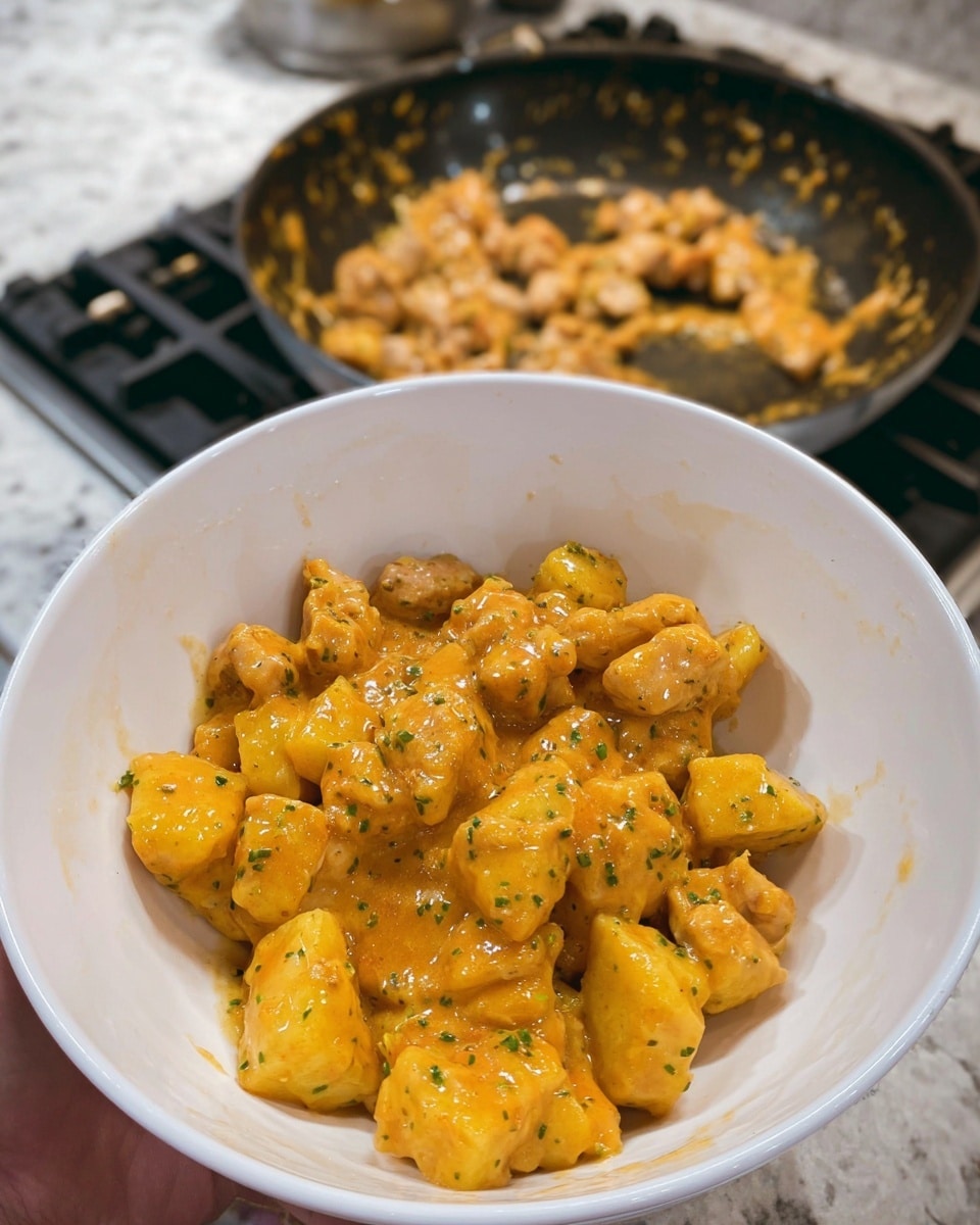 The image shows a close-up of a cooked dish with two main layers mixed together. The first layer consists of bite-sized pieces of chicken, light golden brown with a slightly crispy texture and a creamy sauce coating. The second layer has cubed potatoes, a warm yellow color with a soft, tender look, also covered in the creamy sauce. Small green herb bits are sprinkled evenly over the dish adding contrast. The dish has a rich, creamy orange sauce that binds the chicken and potatoes together, giving a glossy finish. The photo taken on a white marbled surface is very close and detailed, highlighting the texture and color contrast photo taken with an iphone --ar 4:5 --v 7