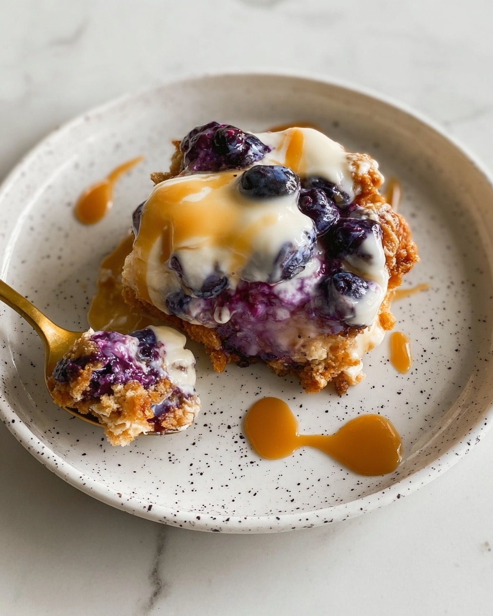 A piece of blueberry dessert sits in the middle of a white plate with small black specks. The dessert has a crumbly golden-brown crust as the base layer, topped with a soft, purple blueberry filling mixed with whole blueberries. A layer of white cream and light brown sauce is drizzled over the top, slightly melting into the filling. The dessert is partially eaten, with a golden spoon holding a small bite in the bottom left. Drops of the light brown sauce are scattered near the dessert on the plate. The plate rests on a white marbled surface. photo taken with an iphone --ar 4:5 --v 7