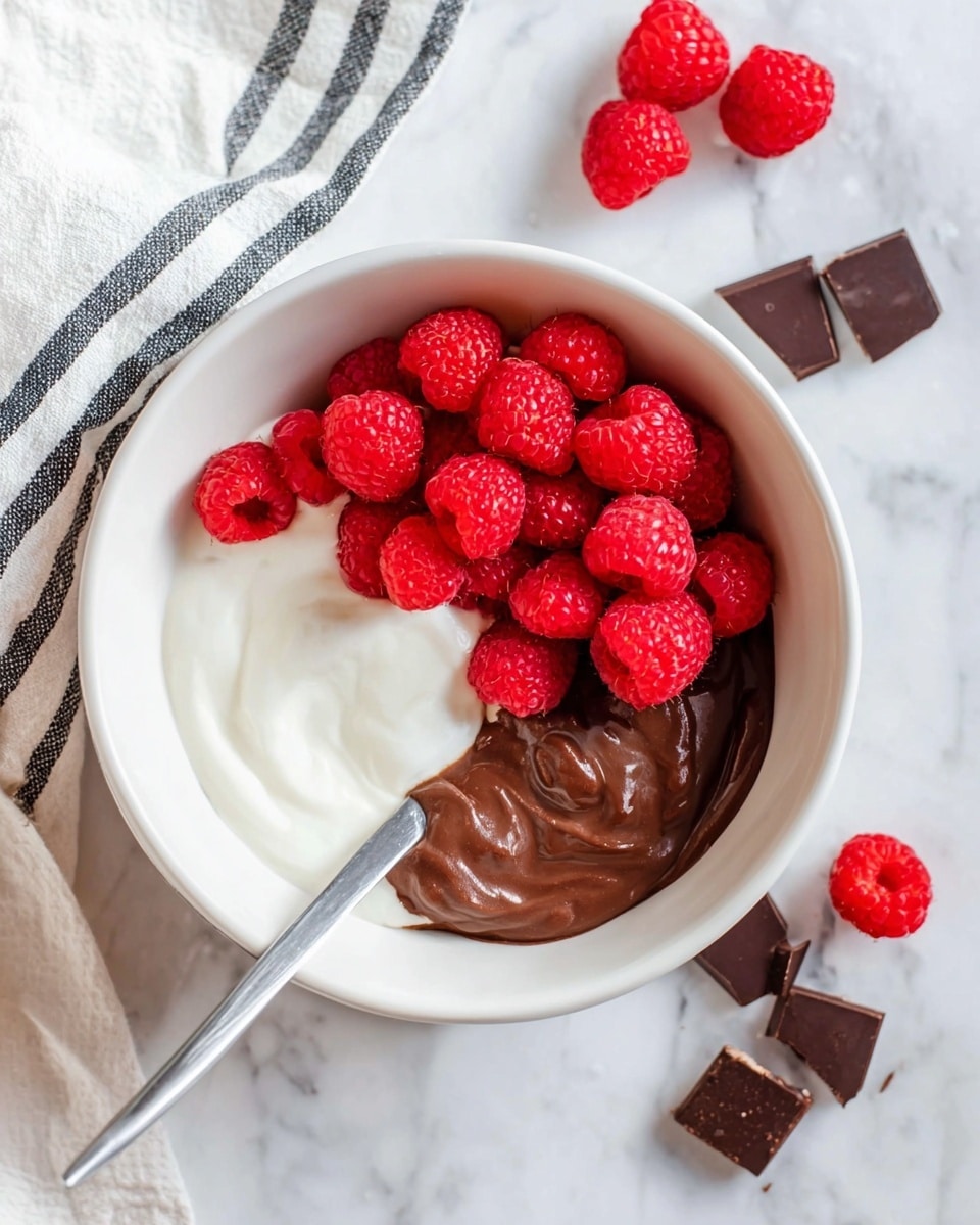 A white bowl sits on a white marbled surface, filled with three layers of food: bright red raspberries on top, a smooth, rich brown chocolate layer to the right, and a creamy white yogurt layer to the left. There is a silver spoon partially submerged in the bowl, tucked into the chocolate layer. Around the bowl, scattered on the surface, are more fresh raspberries and pieces of dark chocolate. A black and white striped cloth is placed to the left of the bowl. photo taken with an iphone --ar 4:5 --v 7