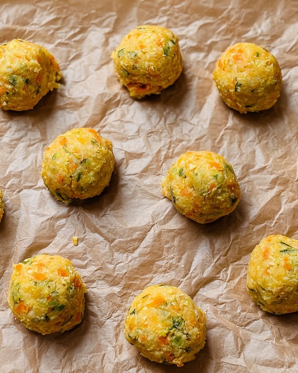 Several small, round dough balls sit spaced apart on crumpled brown parchment paper. Each ball is textured, showing small chunks and flecks of orange and green ingredients mixed into a light yellow base. The balls have a rough, slightly uneven surface, with a moist and dense look. The scene is set against a white marbled texture underneath the parchment. Photo taken with an iphone --ar 4:5 --v 7