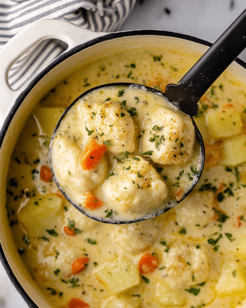 A white pot filled with a thick yellow broth and many small, soft, light dough dumplings floating on the surface, each dumpling lightly sprinkled with green herbs. A black ladle is lifting a serving from the pot, showing soft dumplings mixed with chunky pieces of pale potato and orange carrot, all garnished with chopped green herbs. The pot is on a white marbled surface with some green herbs scattered nearby, a white bowl holding two gold spoons placed above, and white salt and pepper shakers beside some thin herb sprigs. A woman's hand is holding the ladle. photo taken with an iphone --ar 4:5 --v 7