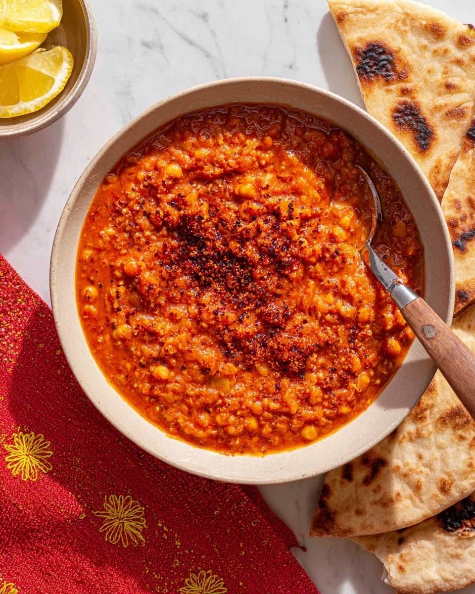 Two white bowls filled with thick, orange-red lentil soup, each topped with a dark sprinkle of spices. The soup has a chunky texture with visible lentils and soft vegetables, covered lightly with oil or sauce. One bowl has a spoon with a wooden handle resting inside it. Near the top right, there are pieces of flatbread torn and stacked next to a small white scalloped dish holding a mix of greenish dried herbs. To the left, there is a clear glass of light-colored liquid. The setup is on a white marbled surface, and one bowl rests partly on a colorful red and yellow patterned cloth. photo taken with an iphone --ar 4:5 --v 7