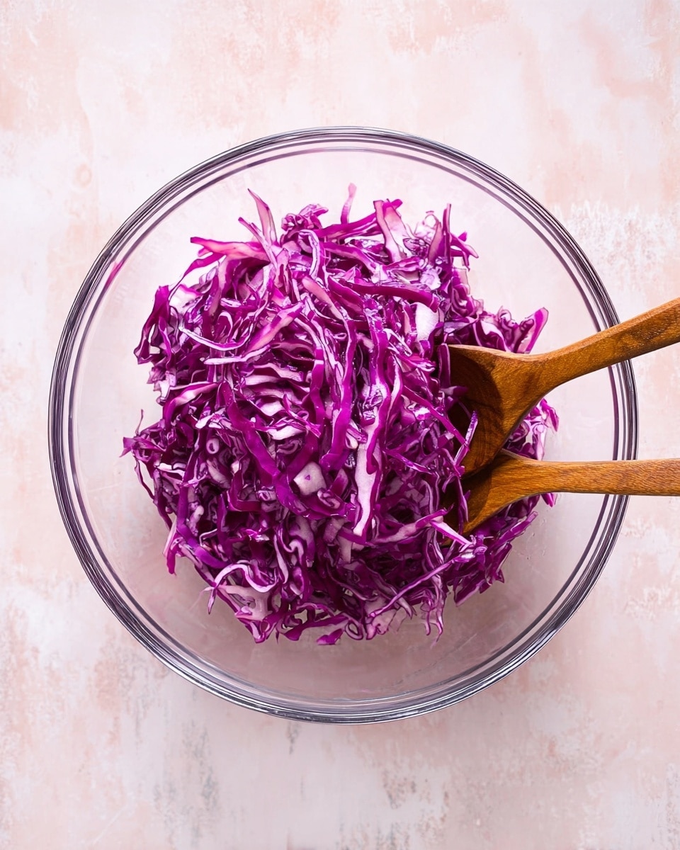 A clear glass bowl sits on a white marbled texture, filled with thinly sliced purple cabbage that creates a dense mound in the center. The cabbage strands are rich violet with slight variations in shade, mixed with thin white veins showing. Two wooden spoons rest inside the bowl, partially submerged in the cabbage, their warm brown tones contrasting with the bright purple layers. The overall scene is clean and simple, with a top-down view emphasizing the vivid cabbage color against the soft white marbled surface. photo taken with an iphone --ar 4:5 --v 7