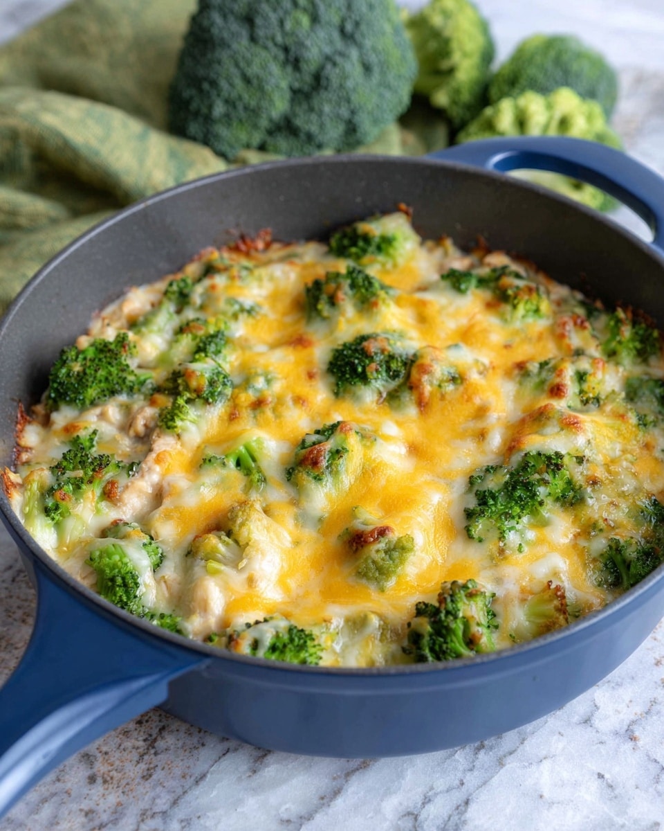 The image shows a blue pan filled with a baked dish that has three visible layers. The bottom layer appears to be a light-colored base, possibly cooked chicken or a creamy sauce, covered by bright green broccoli florets spread throughout. The top layer is melted cheese that is golden yellow and white, covering the broccoli and base unevenly with some areas slightly browned from baking. The pan rests on a white marbled surface with a green cloth and whole broccoli in the blurred background. The overall look is warm, creamy, and cheesy. photo taken with an iphone --ar 4:5 --v 7