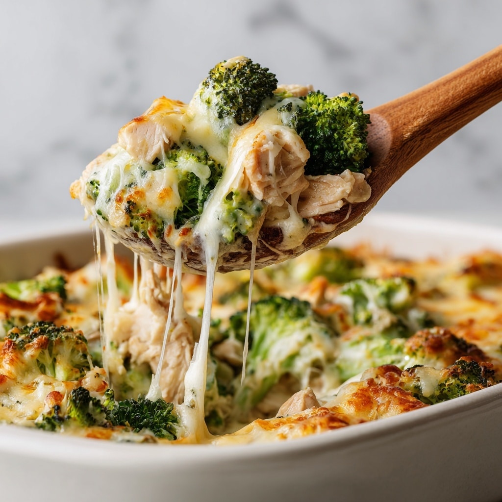 The image shows a close-up of a wooden spoon lifting a cheesy broccoli casserole from a white pan. The spoon holds two layers: a bright green broccoli floret layer on top, and underneath, pieces of light brown cooked chicken mixed with melted cheese. The cheese is creamy white and orange, soft and stringy, stretching from the pan to the spoon. The background shows more broccoli and melted cheese filling the pan, all placed on a white marbled surface. photo taken with an iphone --ar 4:5 --v 7