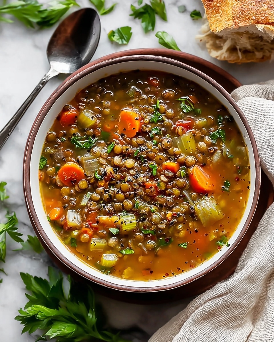 The image shows a bowl of lentil soup filled with multiple layers of ingredients. The base is a rich, light brown broth with visible black pepper specks. Floating inside are bright orange carrot chunks, pale green celery slices, and small green lentils scattered throughout. There are also bits of fresh green herbs, possibly parsley, adding a fresh touch. The bowl is white with a subtle brown rim and sits on a white marbled surface next to a spoon and pieces of crusty white bread. A soft white cloth is draped near the bowl, enhancing the cozy feel. photo taken with an iphone --ar 4:5 --v 7