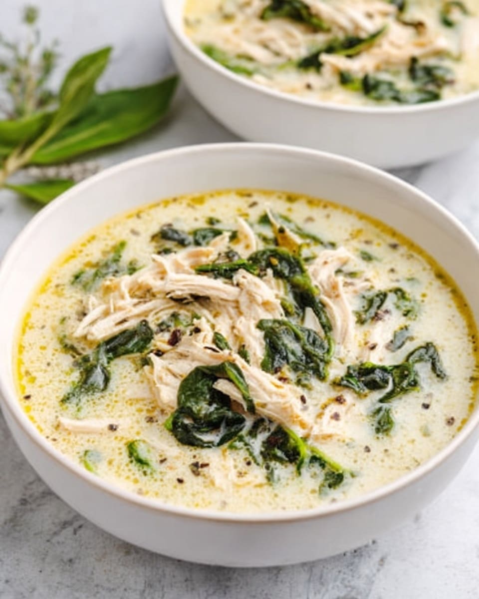 The image shows a white bowl of creamy soup with shredded chicken and wilted spinach leaves spread evenly on top. The soup's surface is smooth and pale yellow with a slight oily sheen and small black pepper bits sprinkled over it. Behind the bowl, part of a white bowl with more soup is visible, placed on a white marbled surface along with some green herbs beside the front bowl. The soup looks warm and fresh. Photo taken with an iphone --ar 4:5 --v 7