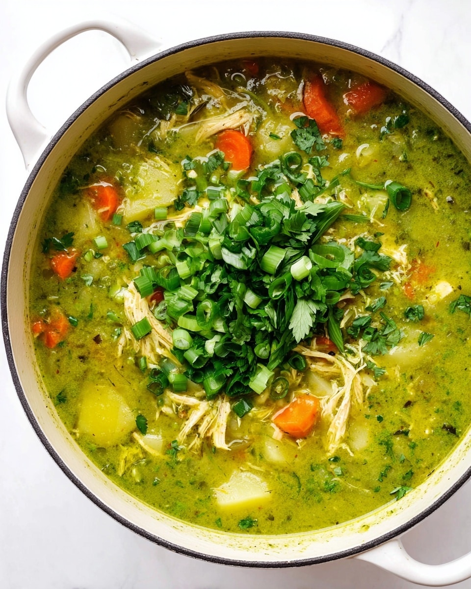 A close-up view of a white pot filled with thick green soup that has shredded chicken, chopped carrots, and chunks of yellow potato mixed in. The soup has a rich, slightly creamy green broth with visible herbs and leafy bits throughout. A silver ladle held by a woman's hand is lifting a scoop of the soup, showing the colorful ingredients floating just above the surface. The pot sits on a white marbled surface, and the interior of the pot is clean with a subtle gray rim. photo taken with an iphone --ar 4:5 --v 7