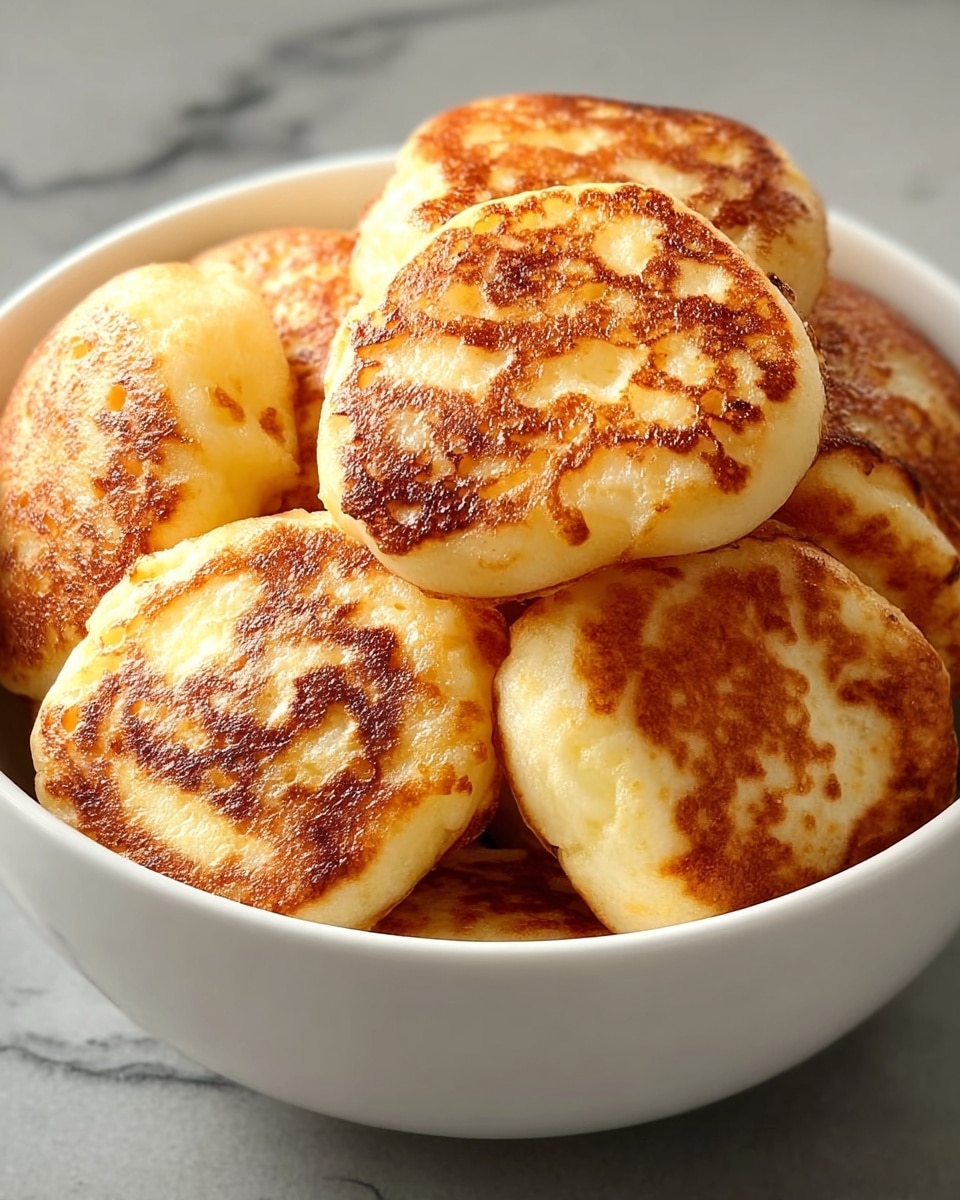 A white bowl filled with many small, round, golden-brown pancakes stacked on top of each other. Each pancake has a slightly uneven surface texture with a light and fluffy yellow center and darker toasted edges. The bowl is placed on a white marbled surface with a soft gray cloth partially visible underneath. The pancakes look soft and freshly cooked, with some showing a more browned top while others have lighter spots. Photo taken with an iphone --ar 4:5 --v 7