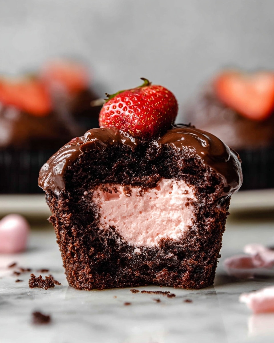 A chocolate cupcake sliced open to show three main layers: the bottom layer is soft, dark brown chocolate cake with a slightly crumbly texture, the middle layer is a smooth, pale pink strawberry cream filling in the center, and the top layer is thick, glossy dark chocolate frosting that covers the cake. On top of the frosting sits a small, fresh red strawberry half. The cupcake rests on a white marbled surface with some crumbs scattered around. In the blurred background, more chocolate cupcakes can be seen on the white marbled texture. Photo taken with an iphone --ar 4:5 --v 7