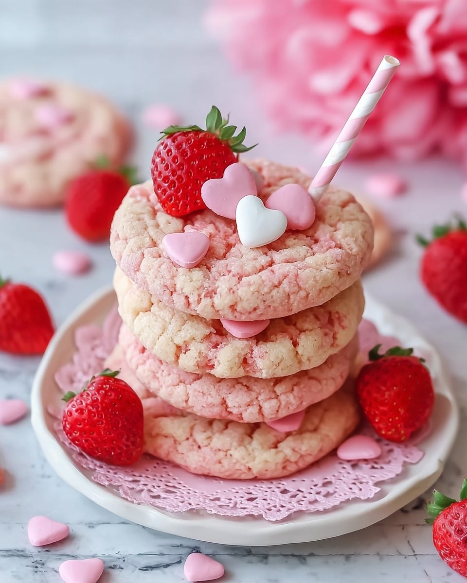 A stack of six soft pink cookies with a cracked texture sits on a white plate with a pink doily. The top cookie is decorated with small pink and white heart-shaped candies and has a fresh red strawberry with green leaves on top, along with a pink and white striped straw inserted vertically. Around the plate, several fresh strawberries are scattered on a white marbled surface. The bright pink and red colors of the cookies and strawberries contrast with the soft pink doily and the white plate, creating a sweet and charming look. Photo taken with an iphone --ar 4:5 --v 7