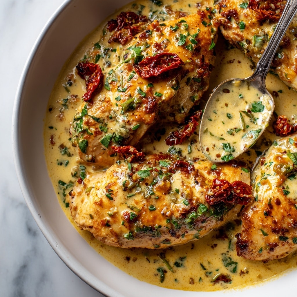 This close-up image shows three browned chicken breasts with a golden crust, sitting in a creamy light yellow sauce with a smooth texture. There are small pieces of sun-dried tomatoes adding red accents on and around the chicken. Green fresh herb bits, likely parsley, are sprinkled over the chicken and sauce, adding a fresh pop of color. The sauce appears thick and rich, covering the chicken and pooling around it, with some grated cheese melted into it. A silver spoon holds some sauce and tomato bits in the upper right corner. The background is a white marbled surface. Photo taken with an iphone --ar 4:5 --v 7