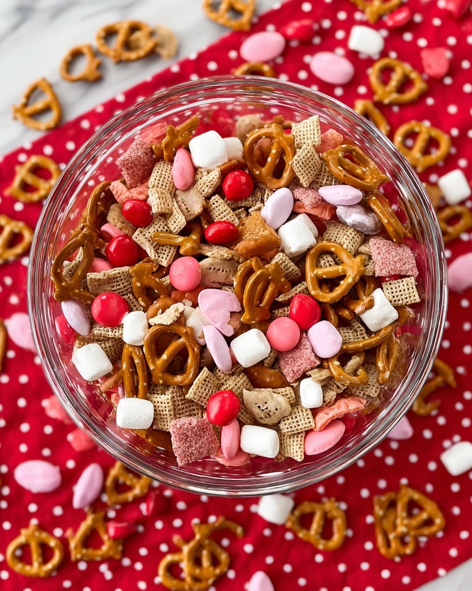 A clear glass bowl is filled with a colorful mix of small snack pieces on a white marbled surface with a red cloth dotted with white spots underneath. The mix has crunchy light brown pretzels, small round red, pink, and white candy-coated chocolates, tiny white marshmallows, small light brown fish-shaped crackers, and bits of pink and brown cereal. Some of the snack pieces are scattered around the bowl on the red cloth. The layers are mixed evenly, showing a lively mix of colors and textures in the bowl. photo taken with an iphone --ar 4:5 --v 7