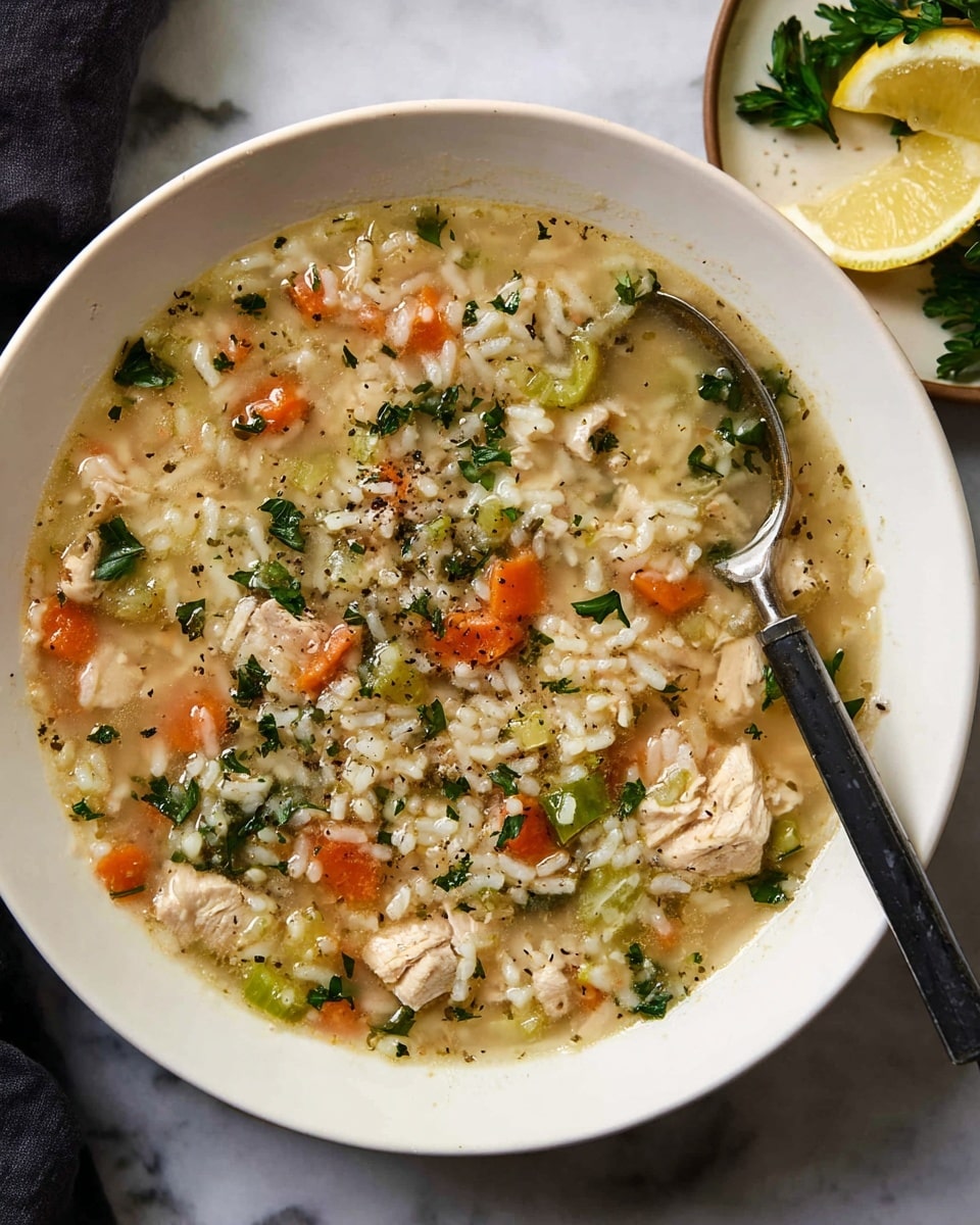The image shows a close-up of a thick soup with visible layers of soft white rice, small pieces of shredded light beige chicken, sliced orange carrot rounds, and diced pale yellow celery floating in a light golden broth with green herb specks. A black spoon scoops the soup, mixing the layers of rice, chicken, and vegetables, all inside a large white pot with a dark rim, placed on a white marbled surface. photo taken with an iphone --ar 4:5 --v 7