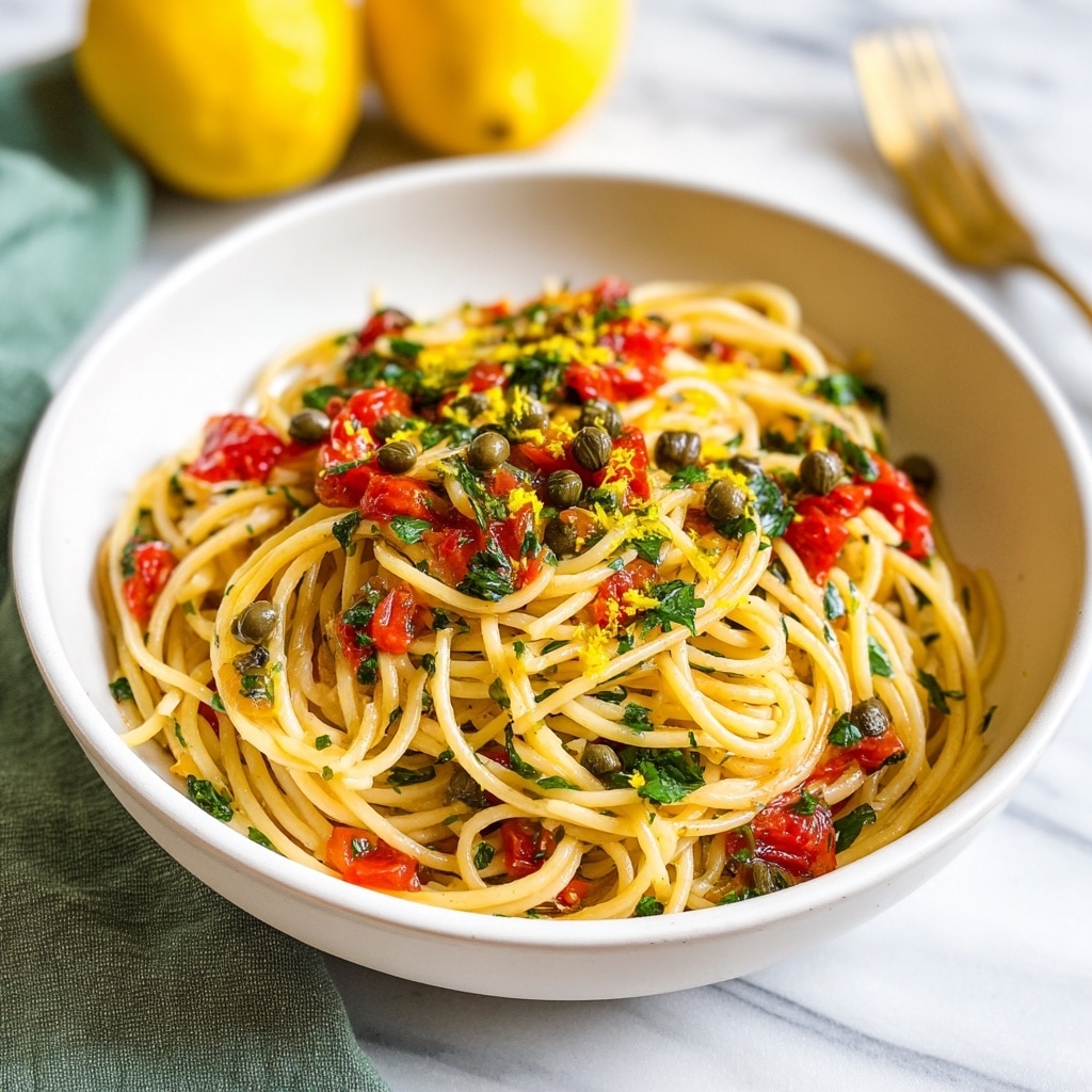 A white bowl filled with a light pasta dish made of spaghetti, mixed with small diced red tomatoes, scattered small dark green capers, and finely chopped green parsley. Bright yellow lemon zest is sprinkled throughout on top, adding a pop of color. The spaghetti strands are thick and slightly shiny, tangled loosely, and the bowl sits on a white marbled surface with a soft green cloth nearby. In the blurred background, there are two yellow lemons, one halved. photo taken with an iphone --ar 4:5 --v 7