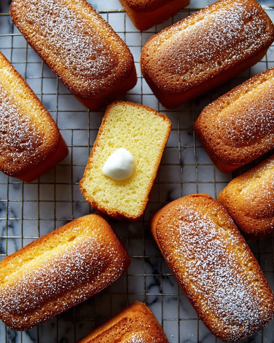 The image shows several golden brown rectangular cakes with rounded edges placed on a wire rack over a white marbled surface. Most cakes have a dusting of white powdered sugar on top, giving a light speckled effect. One cake is cut in half horizontally to show its soft, light yellow inside with a small dollop of white cream in the middle. The cakes have a smooth, slightly porous texture on the inside, and a smooth, evenly browned outer crust. The arrangement is casual with cakes touching each other but evenly spaced. photo taken with an iphone --ar 4:5 --v 7
