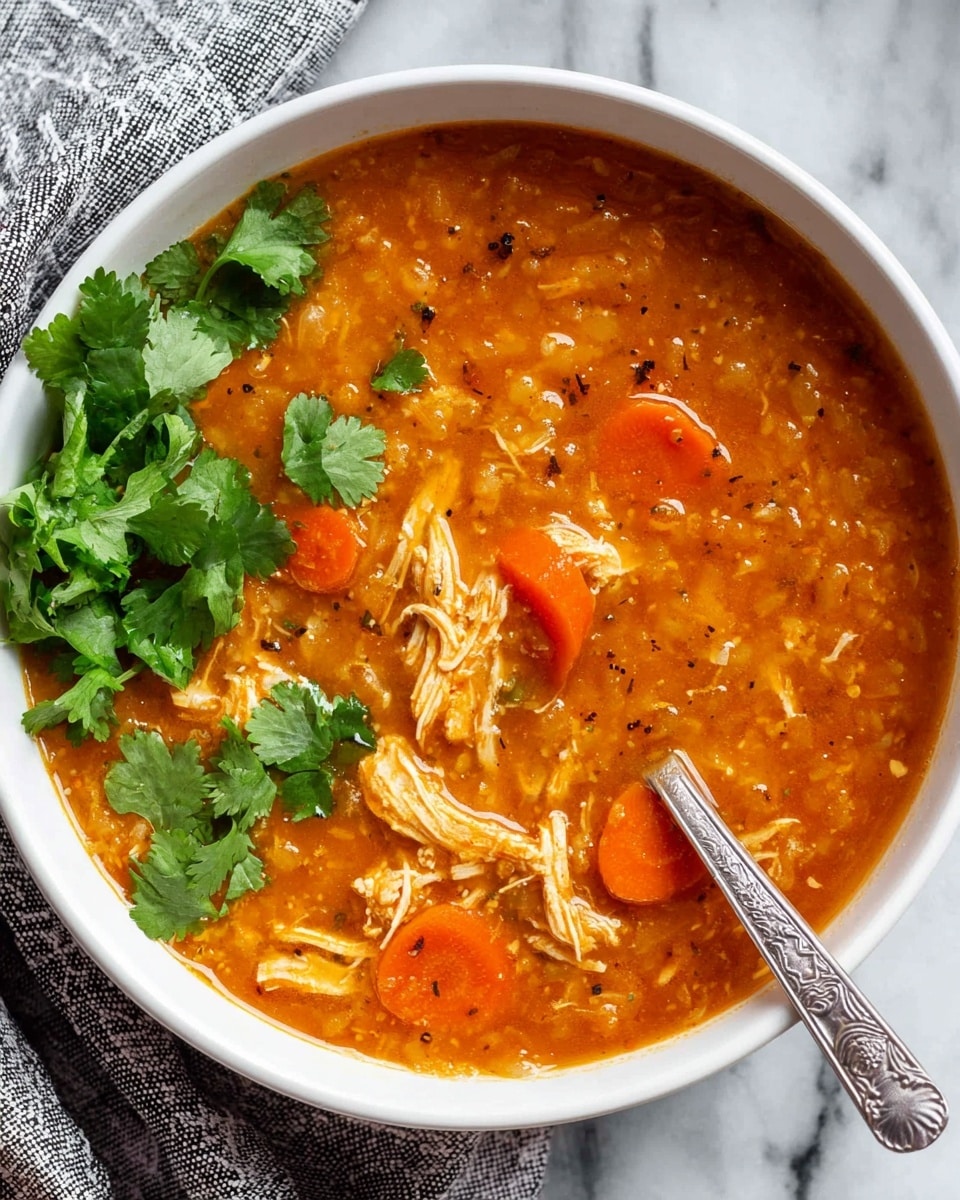 Two white bowls filled with thick orange soup that has visible chunks of shredded chicken and slices of orange carrots, with the soup showing a slightly chunky texture. One bowl is garnished on one side with fresh green cilantro leaves. A silver spoon rests inside the garnished bowl on a white cloth napkin. Nearby is a small white bowl with more fresh green cilantro leaves. All set on a white marbled surface. photo taken with an iphone --ar 4:5 --v 7