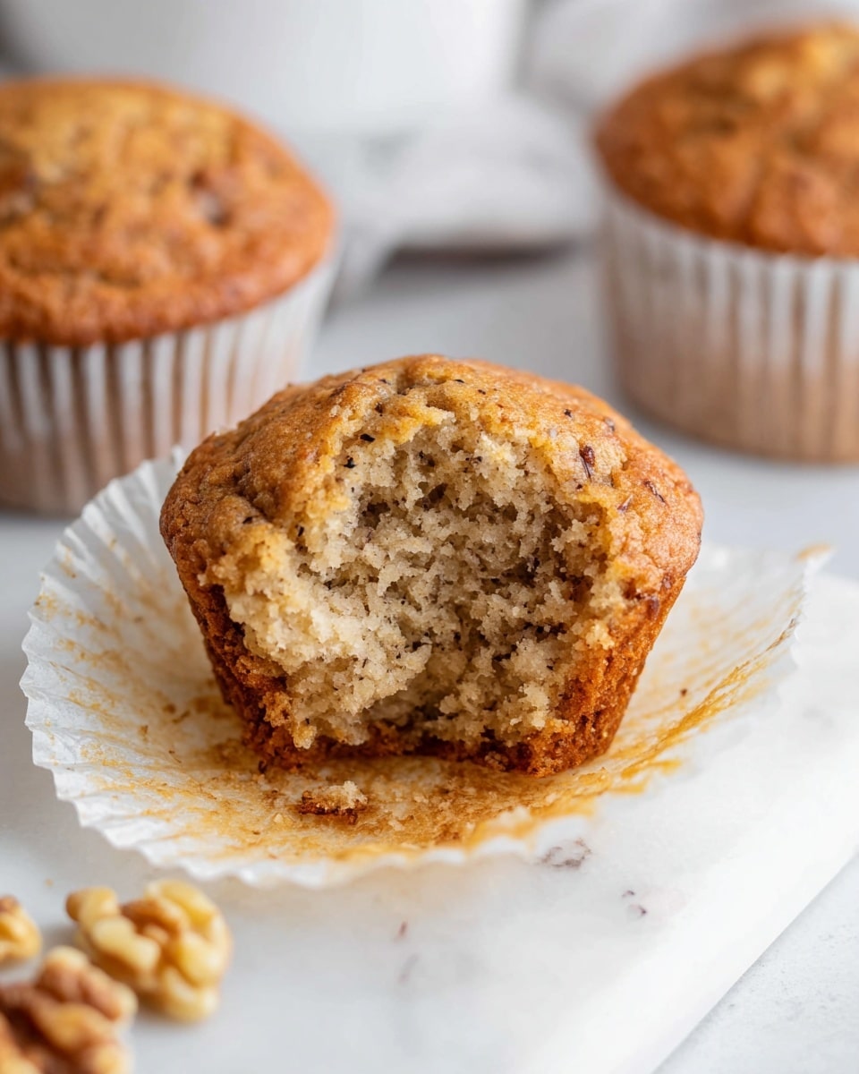 A wooden round plate filled with eight golden-brown muffins in white paper liners, each muffin showing a slightly rough, textured surface with small brown specks. In the center of the plate is a small white bowl holding walnut pieces. The plate sits on a larger white plate, all placed on a white marbled surface. Nearby, three more muffins can be seen, partially in the frame, with one muffin's top clearly visible and textured. A soft, striped cloth lies in the upper right corner, adding a cozy touch. photo taken with an iphone --ar 4:5 --v 7