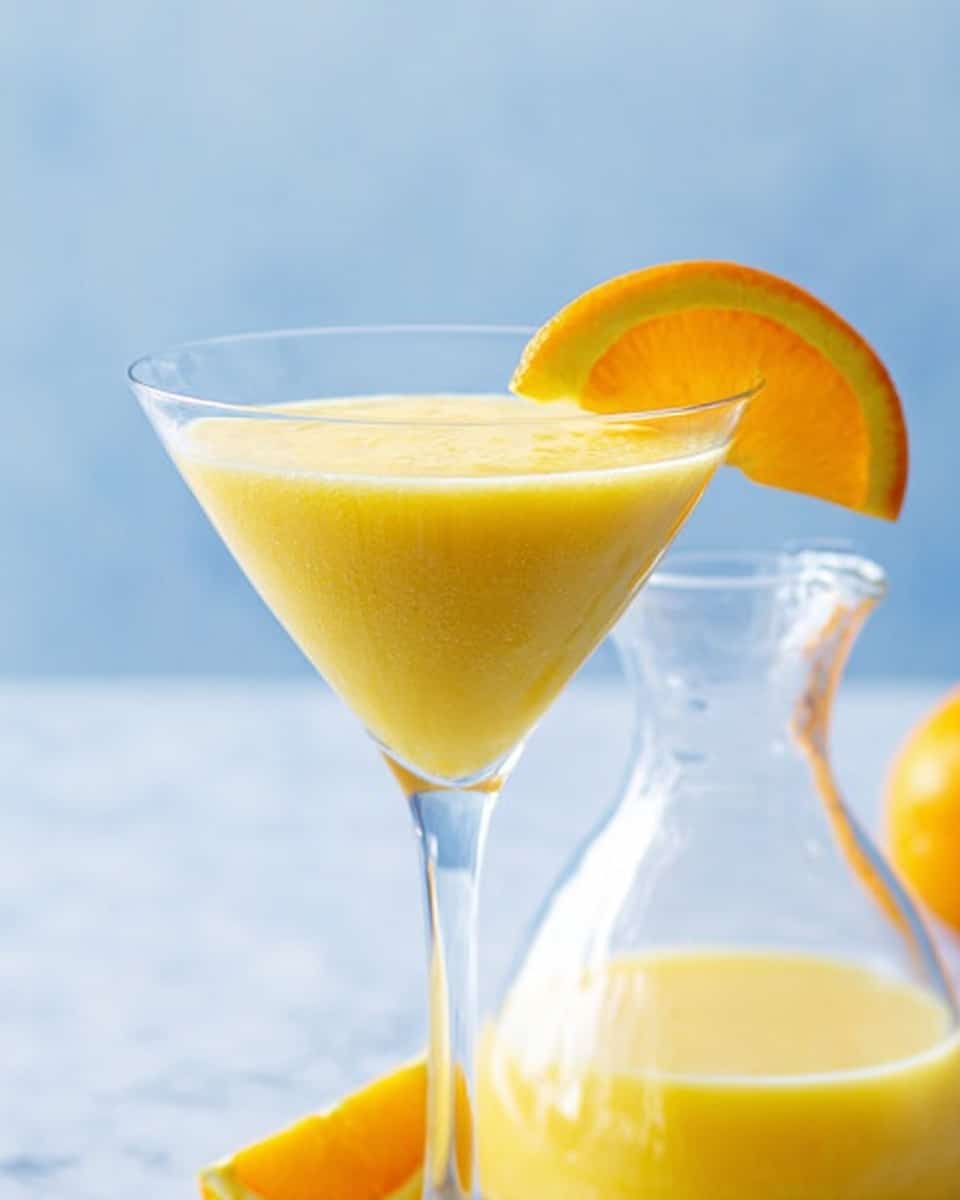A clear glass cocktail glass filled with a smooth, creamy yellow drink that has a frothy texture on top. The drink is garnished with a bright orange slice placed on the rim of the glass. Behind the glass, there is a matching clear glass container with more of the yellow liquid inside. The background is a soft, pale blue, with the glass and container set on a white marbled surface. photo taken with an iphone --ar 4:5 --v 7